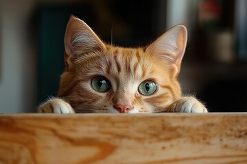 curious orange tabby cat peeking over wooden surface with wide green eyes in soft natural light