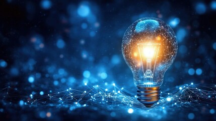 Glowing light bulb surrounded by blue digital network connections and glowing particles representing innovation and technology