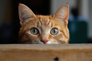 close-up of an orange tabby cat peeking over a wooden surface with curious and alert green eyes