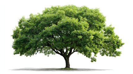 Mature deciduous tree displays dense green foliage against a pure white background