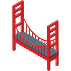 Red suspension bridge architectural model illustration with grey walkway and transparent background in isometric view
