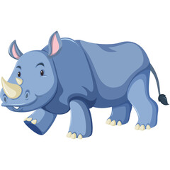 A blue rhinoceros with a light yellow horn stands in profile view against a transparent background showcasing its thick skin and textured hide with a playful expression and attentive ears.