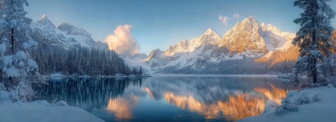 Snow-covered pine trees by a calm lake reflecting golden sunlight on towering snow-capped mountains under a clear blue sky
