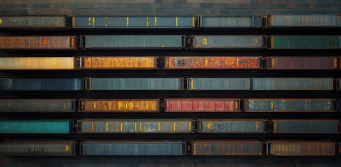 Aerial view of several parallel freight train cars arranged on multiple railroad tracks with weathered paint and rust spots under soft lighting