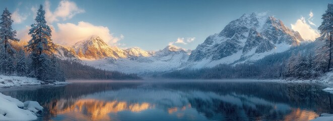 Serene winter landscape with snow-covered pine trees and towering snow-capped mountains reflecting in a calm lake under a clear sky at sunrise