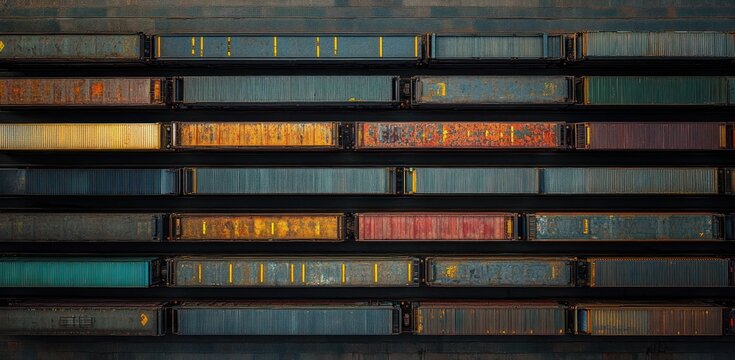 Aerial view of several parallel freight train cars arranged on multiple railroad tracks with weathered paint and rust spots under soft lighting
