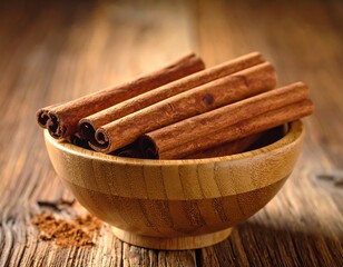 Close-up of cinnamon sticks in a wooden bowl, culinary and spice theme
