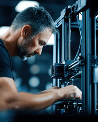 Focused man works on 3D printer, adjusting components with precision in modern workshop. setting is illuminated with cool lighting, highlighting intricate machinery