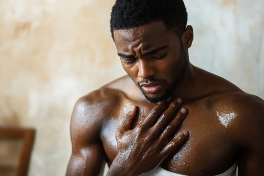 Young muscular man with sweat on his upper body touching his chest and expressing discomfort or pain - Powered by Adobe