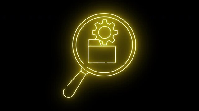 Yellow neon icon with magnifying glass folder and gear on a black background