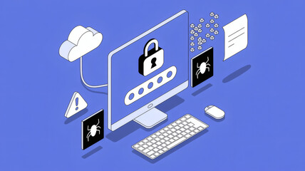 Digital security concept with computer screen displaying a password entry field and padlock icon surrounded by cybersecurity threats and data protection elements