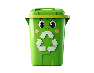 A cute green recycling bin with a smiling cartoon face and recycle symbol. 3D character illustration for environmental awareness, isolated on a white background