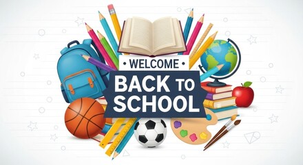 Colorful illustration of school supplies surrounding a "Welcome Back to School" sign