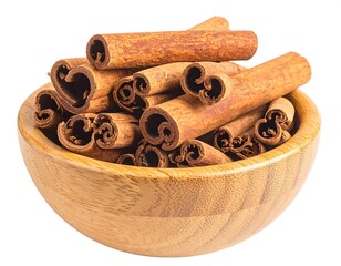 Close-up of cinnamon sticks inside a wooden bowl against a white background