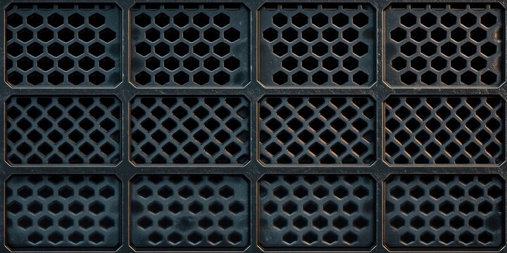 close-up of dark metal grid panels with hexagonal and diamond-shaped perforations showing slight rust and wear