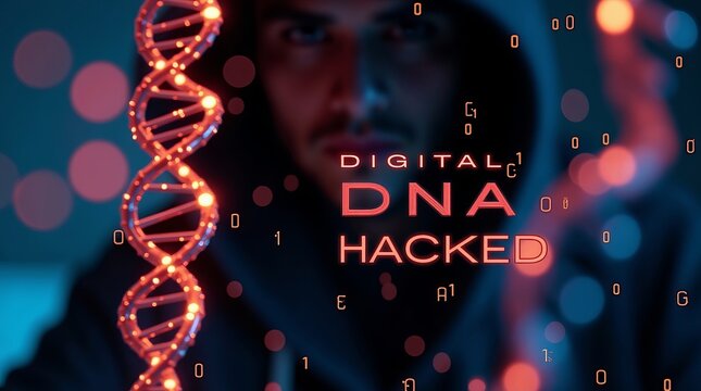 A male figure in a hoodie focuses on a digital representation of DNA, suggesting a theme of genetic hacking and technology. - Powered by Adobe