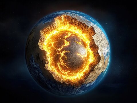 View of a planet with a large fiery glowing molten core exposed beneath the cracked icy and rocky outer surface in space