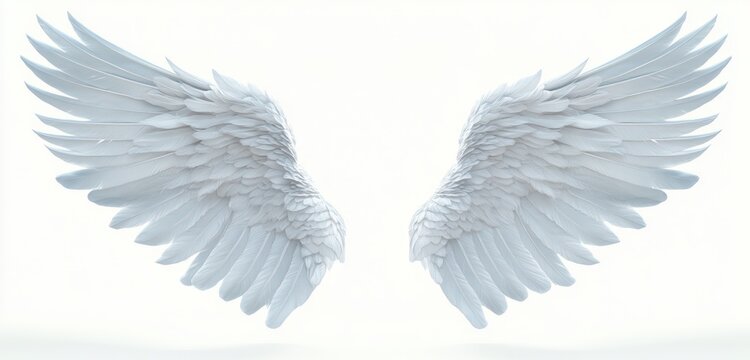 Pair of large white angel wings spread wide against a bright background, conveying purity and grace