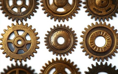 Close-up view of multiple antique bronze gears with varying designs and detailed teeth arranged on a white background, evoking a sense of intricate mechanics and craftsmanship