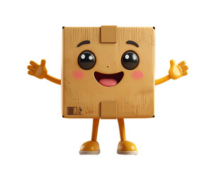 A cheerful and friendly 3D cartoon cardboard box character with a happy smiling face and open arms, representing delivery and shipping services