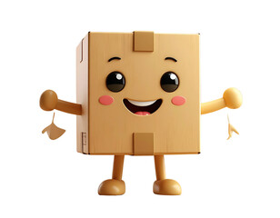 A cheerful 3D rendered cartoon cardboard box character with a happy, smiling face, standing isolated on a pure white background for delivery concepts