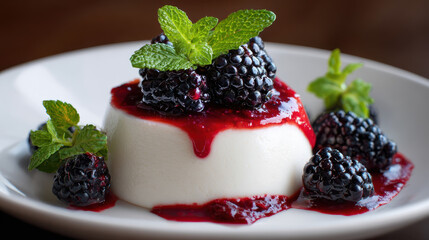 Creamy panna cotta topped with vibrant blackberry sauce and fresh mint leaves on white plate, creating delightful dessert presentation