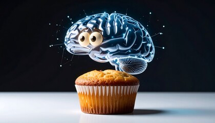 A cartoonish, wide-eyed brain is suspended above a plain, unfrosted cupcake.