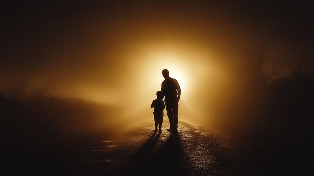 Silhouetted adult and child walking hand in hand along a foggy path illuminated by warm backlight creating long shadows