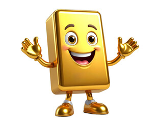 A cheerful 3D cartoon gold bar character mascot smiling and waving, representing wealth, investment, and financial success