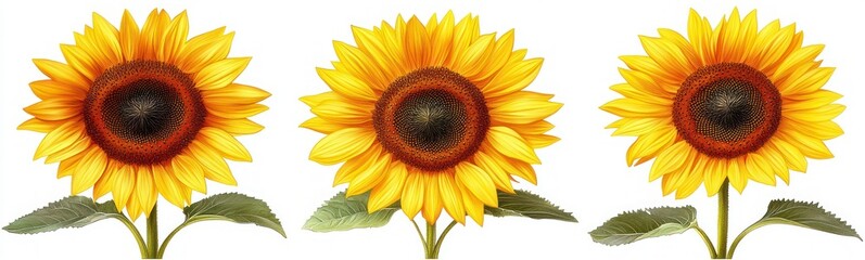 Fototapeta premium Three bright yellow sunflowers with large brown centers and green leaves on white background