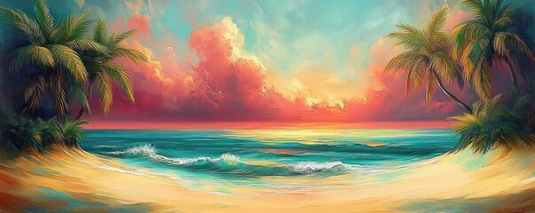 Serene tropical beach scene at sunset with palm trees framing calm waves and vibrant colorful clouds in the sky