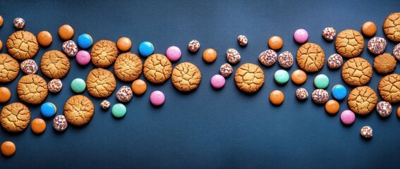 Scattered cracked cookies and colorful candy-coated chocolates with sprinkles on a dark blue surface creating a playful and inviting arrangement