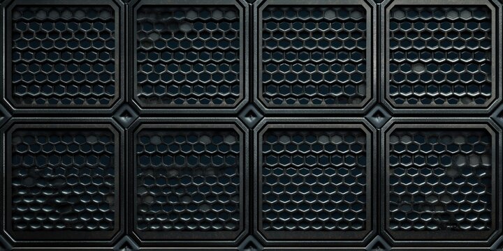 dark metallic grid with hexagonal mesh pattern and square frames forming an industrial textured surface - Powered by Adobe