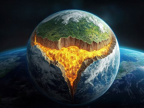 Cross section of Earth showing a glowing molten core surrounded by rocky mantle and green forested crust with snow-covered areas under dark space