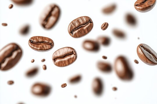 Close-up view of medium roasted coffee beans floating against a white background evoking freshness and aroma