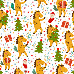 Cute Christmas horses seamless pattern