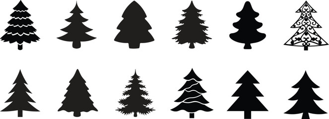 Collection of christmas tree silhouettes isolated on white background for design