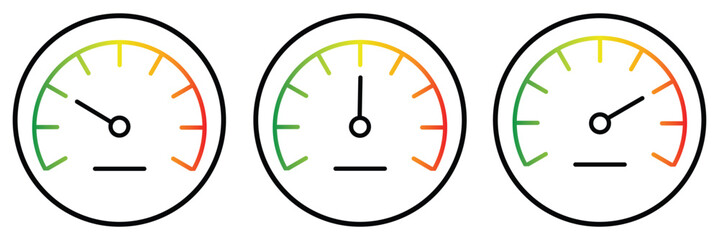 Speedometer icon. Meter score vector set. Gauge line limit scale. Score measurement level meter. Black line design. High indicator sign. car dashboard elements Fuel gauge  low tank levels.  kmh speed 