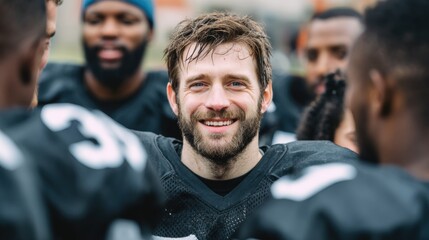 Fototapeta premium Player Celebrating With Teammates During a Football Practice Session in an Outdoor Field Under Cloudy Skies