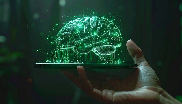 A human hand holds a phone projecting a large, interconnected, glowing green brain.