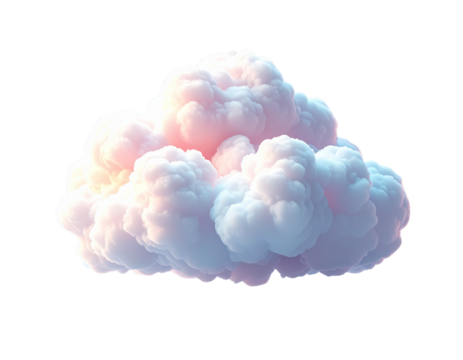A single beautiful fluffy cloud in pastel pink and blue colors isolated on a clean white background, a symbol of dreams and creativity