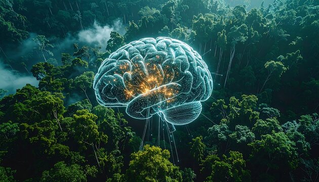 A luminous, networked brain hovers over a lush, dark, remote forest or jungle.
