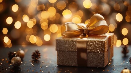 Elegant glittery gold gift box with satin ribbon bow surrounded by gold ornaments and pinecones against a warm bokeh light background conveying festive celebration