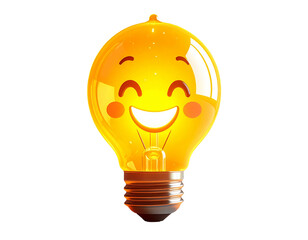 Creative concept of a smiling light bulb character, a symbol of bright ideas, happiness, and inspiration, glowing with warmth on a white background