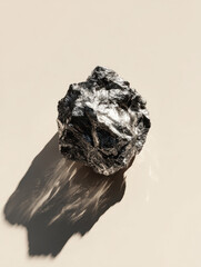 Shiny metallic rock casting shadow on smooth beige surface, showcasing its rough texture and reflective qualities. lighting highlights its rugged form and metallic sheen