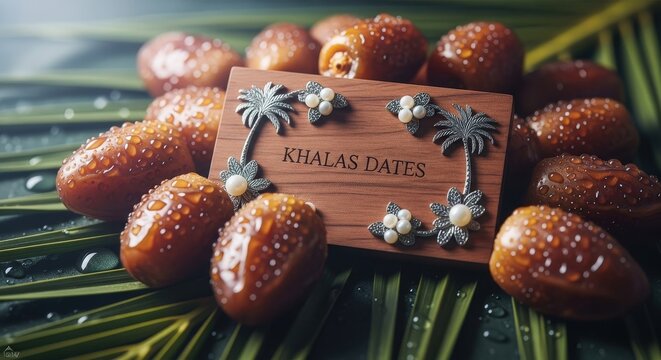 Khalas Dates with Dew Drops &ndash; Rosewood Plaque 'KHALAS DATES' with Date Palm & Pearl Cluster Motifs in Pure Light