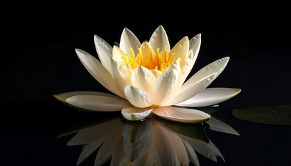 A single, perfect white and yellow lotus flower floats on dark, still water, with soft light and clear reflection, emphasizing purity and tranquility.