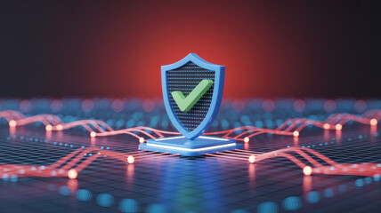 Digital shield with a green checkmark symbolizing cybersecurity and data protection on a glowing circuit board background