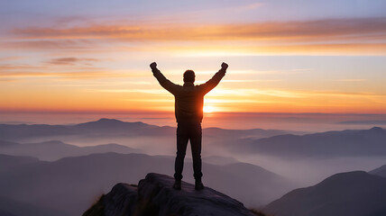 Achiever atop Mountains at Sunrise: A solitary figure, silhouetted against a vibrant sunrise, stands atop a mountain peak with arms raised in triumph, representing human potential.