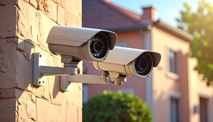 Two security cameras mounted on a stone wall, with a blurred outdoor scene